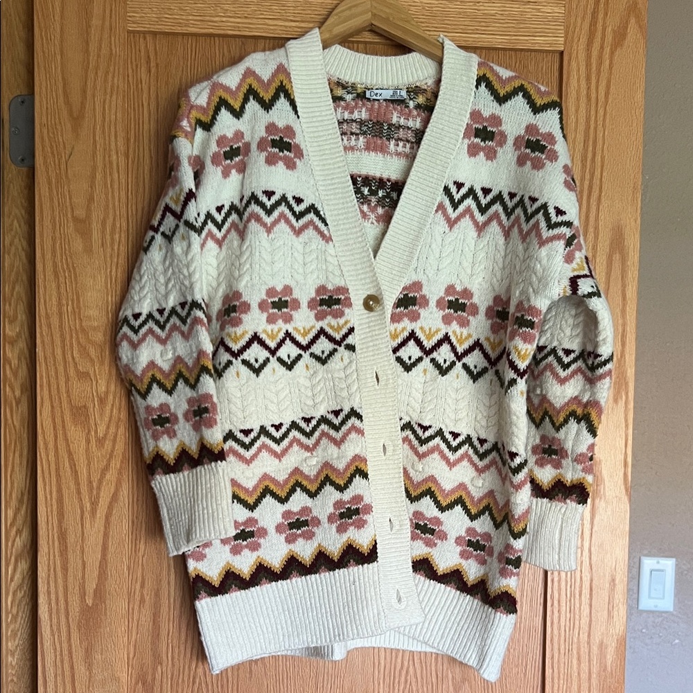 Dex Cream and Pink Patterned Oversized Cardigan